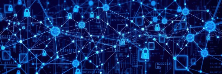 Obraz premium Abstract representation of digital security with interconnected nodes and padlocks showcasing a futuristic network of information protection and technology advancements