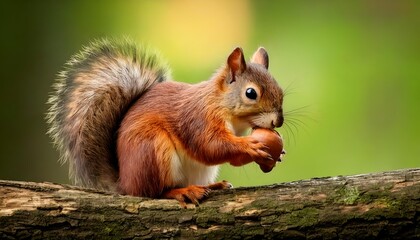 A squirrel sitting on a piece of wood and eating an acorn, showcasing nature's wildlife and playful behavior