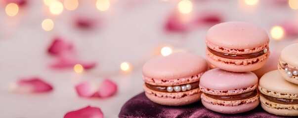 Obraz premium pink macarons with pearls & bokeh lights - pastel colors