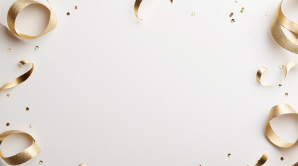 A refined and minimalistic New Year banner with a top view composition, featuring a blank white background surrounded by golden ribbons curled in graceful patterns. Subtle glitter accents are