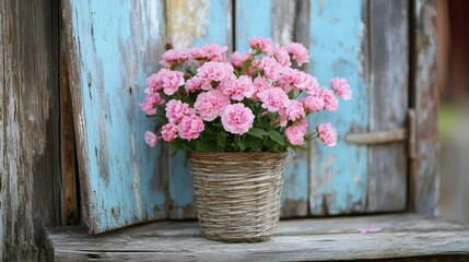 Pink Flowers in Rustic Woven Basket Against Weathered Wood