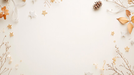 A minimalistic New Year banner background viewed from above, featuring a smooth white surface adorned with delicate gold and silver confetti scattered in a balanced arrangement. Small, elegant stars