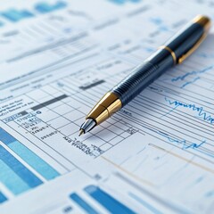 Close-Up View of Business Documents with a Sleek Pen Highlighting Financial Data and Charts on a Bright Desk for Professional Analysis and Planning