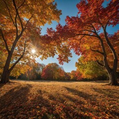 Create a vibrant autumn scene bathed in warm sunlight. The landscape should feature a variety of deciduous trees with leaves in shades of red, orange, and yellow, showcasing the beauty of fall.