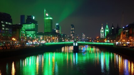 Illuminated Cityscape with River and Bridge at Night