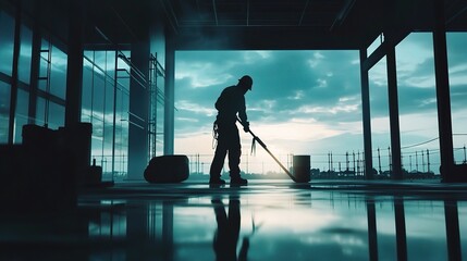 Silhouette of Construction Worker Pouring Concrete in Modern Building