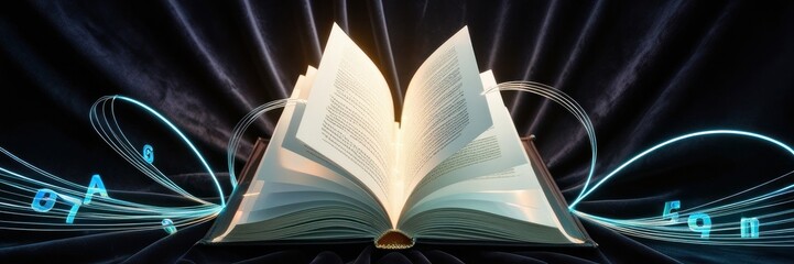 Abstract open book with flying letters and numbers against a dark futuristic background