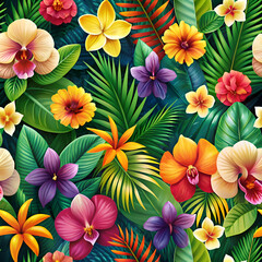Vibrant Tropical Flowers and Lush Foliage Seamless Pattern