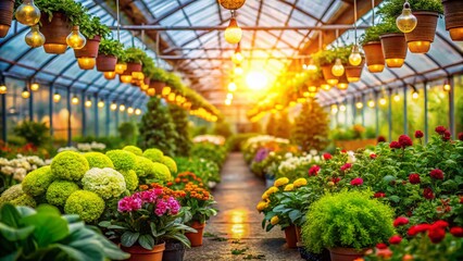 Lush Greenhouse Interior: Vibrant Flowers & Vegetables with Bokeh