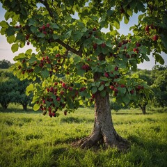 Fototapeta premium A tree with juicy mulberries hanging, set in a vibrant green landscape.