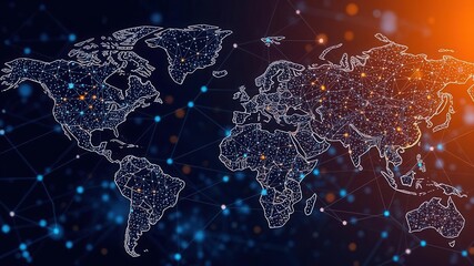 Digital World Map with Connected Global Network, Geometric Elements, and Illuminated Points in Dark Blue Background Representing Data and Technology