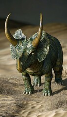 Fototapeta premium A fantastical creature resembling a dinosaur with textured skin and prominent horns.