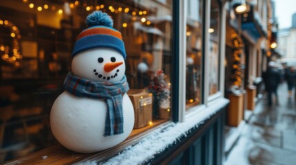 Obraz premium Festive snowman decoration in snowy shop window.