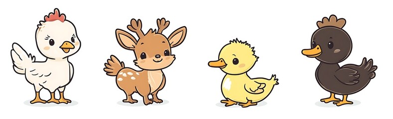 Fototapeta premium Adorable Cartoon Farm Animals: Hen, Fawn, Duckling, and Black Duck Illustration