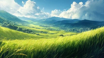 Obraz premium Breathtaking View of Lush Green Hills Under Blue Sky with Fluffy Clouds and Bright Sunlight in a Serene Natural Landscape