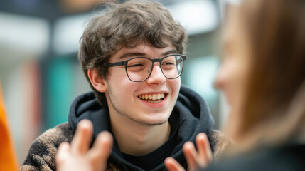 Young male student with glasses laughing and sharing a joyful moment with a friend in a vibrant indoor setting, capturing candid emotions and friendship connection.