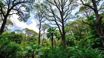 Lush Green Forest Oasis with Towering Trees and Vibrant Foliage Under Bright Blue Sky, Perfect for Nature and Landscape Photography Enthusiasts