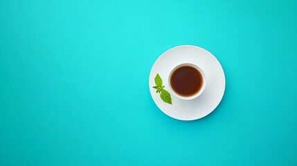 Minimalist Flat-lay White Plate, Tea Cup, and Green Leaf on Turquoise Backdrop