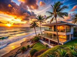 Fototapeta premium Luxurious Beachfront Home: Stunning Ocean View Estate at Sunset