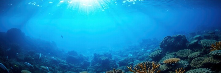 Obraz premium Underwater Landscape with Vibrant Coral Reefs and Simmering Sunlight Filtering Through the Clear Blue Water of an Ocean Environment