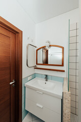 Simple bathroom interior in residential building, toilet design hotel apartment