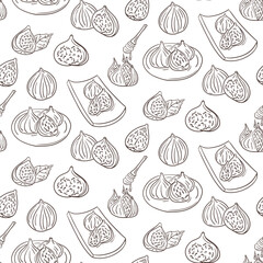 Seamless contrast hand drawn fig pattern with honey dipper illustrations isolated on white background. Vector doodle illustration for vegan concepts