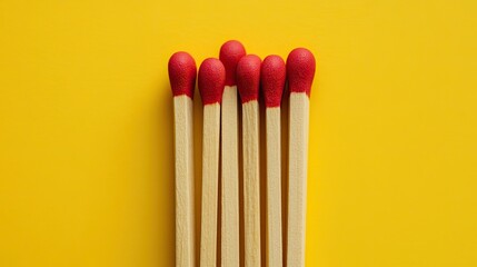 matches, yellow backdrop, minimalistic design, pattern, red tips, flat lay composition, bright colors, contrast, simple arrangement, ordinary objects, creative layout, modern aesthetic