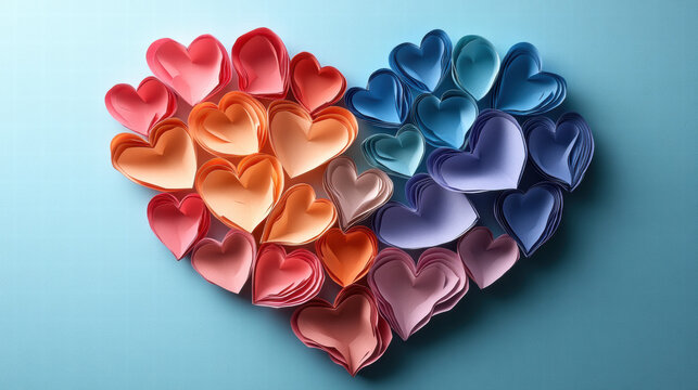 heart shaped arrangement of colorful paper hearts on blue background