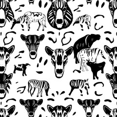 Obraz premium Black and White Zebra and Cow Seamless Pattern: A whimsical and stylish seamless pattern featuring black and white zebras and cows in a variety of poses.