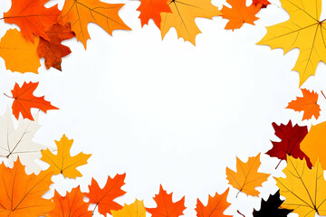 Autumn Leaves Frame, Colorful Maple Leaves Border on White Background for Fall Designs