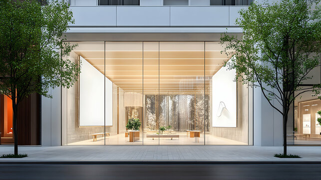 Modern Minimalist Lobby, Serene Glass Entrance with Ambient Lighting, showcasing plants and artwork, creating a tranquil atmosphere.