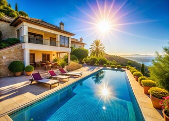Fototapeta premium Luxurious Mediterranean Villa Summer Escape: Stunning Pool & Blue Sky