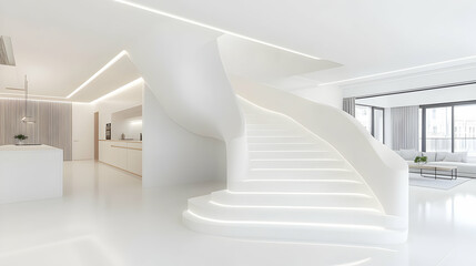 Modern Minimalist White Staircase Design in a Luxurious Home, Ascending Elegantly to Upper Levels with Integrated Lighting.