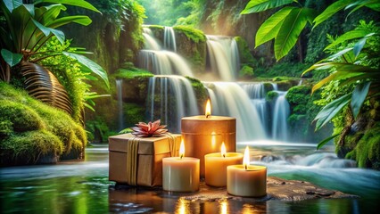 Luxurious Spa Treatment: Mystical Candles & Gift Boxes near Jungle Waterfall