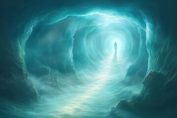 A mystical figure stands at the end of a luminous tunnel, surrounded by swirling clouds and ethereal light, evoking a sense of peace and transcendence.