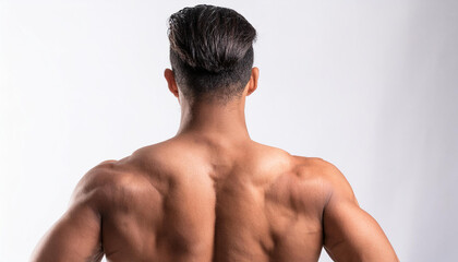 Fototapeta premium Back view of young man with muscular body posing. Strength and confidence. Light backdrop.