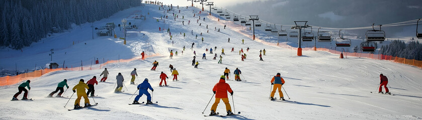 Skiers descend snowy mountain slope: Winter sports enthusiasts glide down the pristine white expanse with effortless grace. Mountain peak.