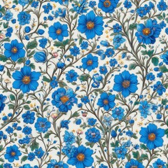 A stunning floral pattern featuring various blue flowers delicately intertwined with green leaves on a light background.