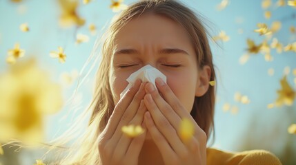 Young Woman Sneezing into a Tissue Among Flying Blossoms