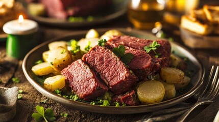 People enjoy traditional Irish dishes like corned beef and cabbage on St. Patrick's Day. --ar 16:9 --v 6.1 Job ID: ebcfd29a-0210-43ab-bf55-ac51fcc96f9e