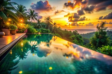 Fototapeta premium Luxury Villa Infinity Pool: Tropical Paradise Getaway - Stunning Bokeh Photography