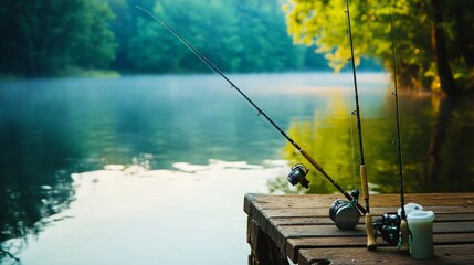 A serene fishing retreat by a tranquil lakeside, Fishing rods and tackle set for angling, Lakeside leisure style
