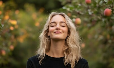 Naklejka premium Young woman is smiling softly with her eyes closed in a garden with apple trees and pink flowers, Generative AI