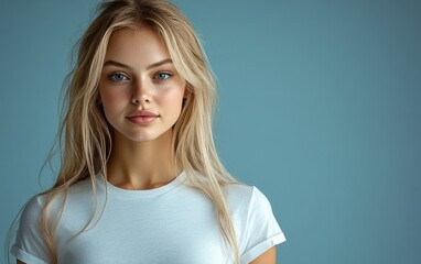 Obraz premium Beauty girl smiling and wearing a t-shirt in studio color background