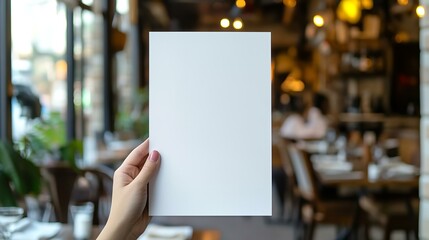 Hand holding a blank paper poster design for a restaurant menu providing space for displaying menu items or designs