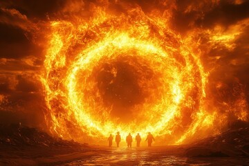 Fototapeta premium Silhouetted figures walk towards a massive fiery portal against a dramatic sky, embodying themes of adventure and mystery.