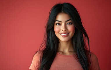 Fototapeta premium Beauty girl smiling and wearing a t-shirt in studio color background