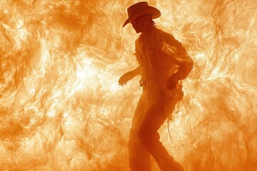 A male firefighter silhouetted against a dramatic fiery backdrop, showcasing bravery and determination in an intense firefighting scenario.