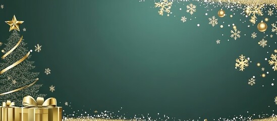Christmas themed horizontal banner with gold symbols text tree gift tinsel confetti snowflakes on a green background Header for website template