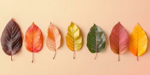 An autumn-themed banner template whith a variety of colorful fall leaves arranged on a soft beige background.